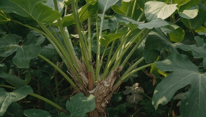 Obraz premium Leaves of the cassava plant, young green vegetable harvested for its nutritional value, fiber-dense choice