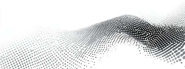 Abstract graphic featuring a wavy surface composed of grayscale dots, flowing across a white background
