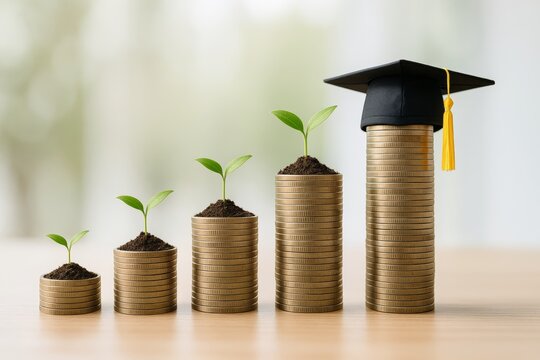 Growing stacks of coins with seedlings and graduation cap symbolizing educational investment and financial growth concept on blurred background. Ai generative - Powered by Adobe