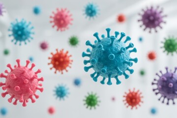 Colorful microscopic virus particles floating in air, scientific concept of infection and disease transmission, close-up in soft focus style. Ai generative