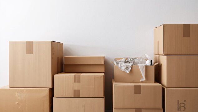 Carton boxes arranged against a plain white wall, packing and organizing for a house move - Powered by Adobe