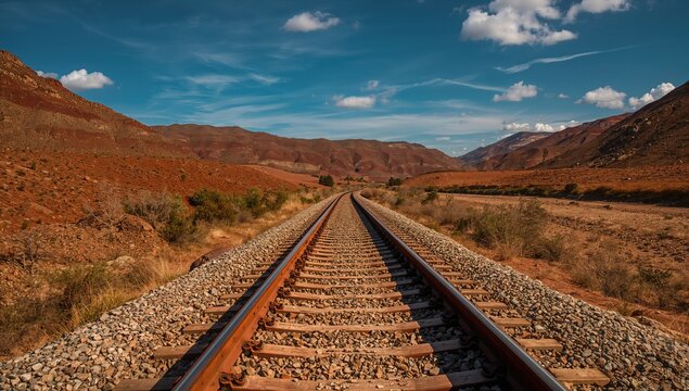 Railway traversing an arid landscape under a clear blue sky, erosion risk
