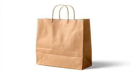 A single brown paper shopping bag with rope handles isolated on white background