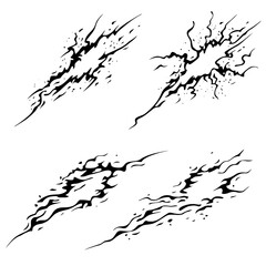 Set of four black comic style lightning crack effects with varying jagged shapes and dynamic energy lines isolated on white background vector illustration