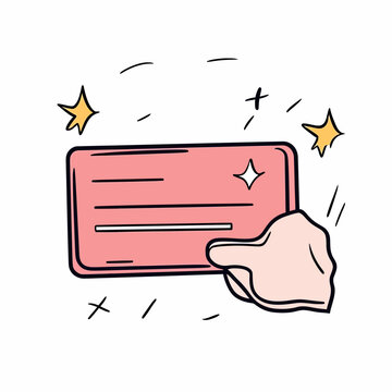 Hand holding red bonus card with sparkling stars loyalty program discount coupon sketch doodle vector illustration flat minimalist style