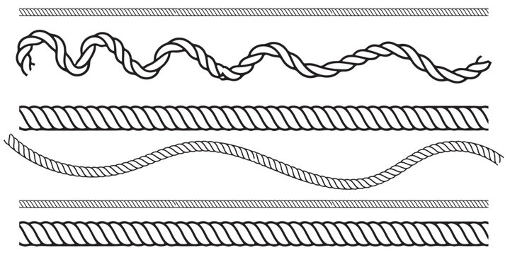 Rope set. Hand drawn doodle ropes isolated in various shapes, nautical cords. Rope circle border. Marine and climbing Cords templates. Vector illustration for decoration, crafts, sailing Ten Rope knot