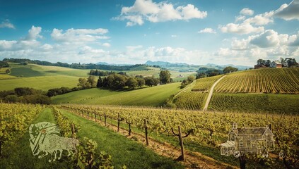 Fototapeta premium Vineyard landscape featuring agricultural hand-drawn illustrations of farms and houses, emphasizing seasonal change