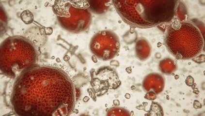 Observation of blood cells under a microscope, focusing on cellular structure