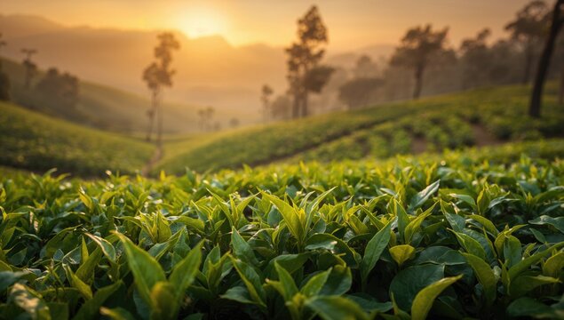 Sunrise over a tea plantation with fresh leaves, highlighting the importance of sustainable farming practices