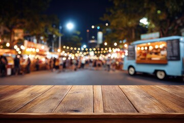 Blurred night scene with market, food truck, and wooden table foreground