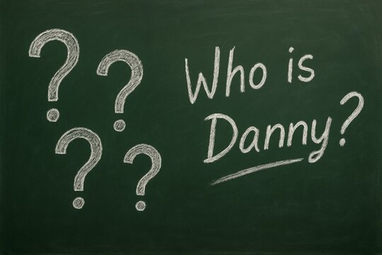 Chalkboard with question marks and "Who is Danny?" text written in chalk, expressing curiosity and inquiry concept in educational style. Ai generative