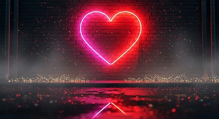 Pink neon heart sign glowing on a dark brick wall with smoke and reflections image photo