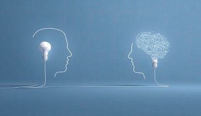 Two stylized profiles face each other; one holds lit bulb, the other a brain of gears and light
