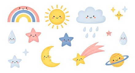 Cute Weather and Celestial Elements for Childrens Designs.