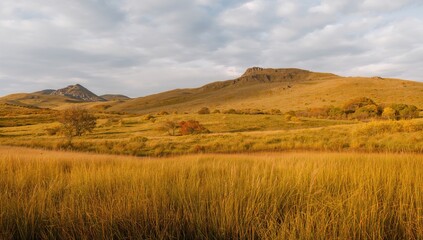 Fototapeta premium Scenic countryside with grassy meadows and mountains under a cloudy sky, emphasizing seasonal change