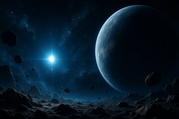 Distant exoplanet with glowing star and asteroid field viewed from rocky surface in deep space, cosmic science concept for education and discovery. Ai generative