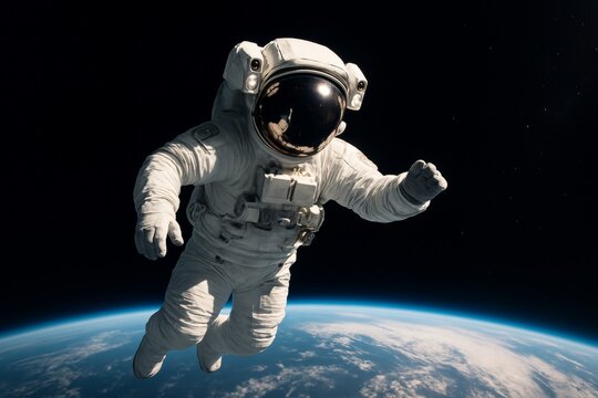 Astronaut floating in outer space above Earth in realistic style depicting science and exploration concept in a cosmic environment. Ai generative