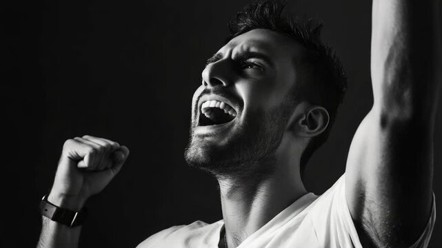 Man in motion with clenched fists, screaming, celebrating a win. Emotional outburst of joy and victory.