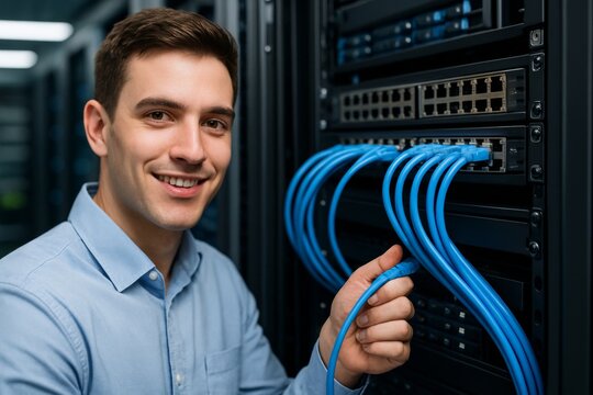 Smiling IT technician connecting network cables to server rack in data center environment, representing technology maintenance and digital infrastructure. Ai generative