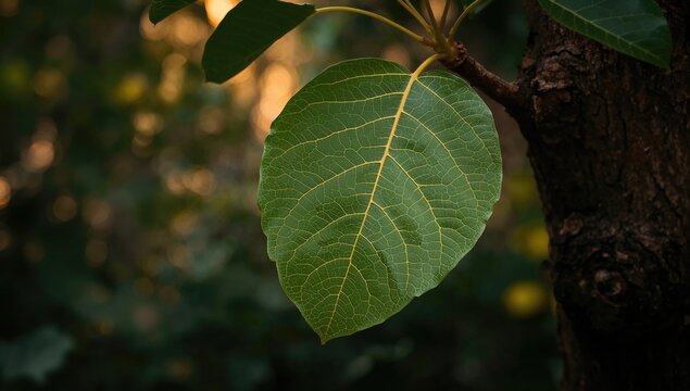 Sacred fig leaves on tree branch, symbol of spirituality, Earth Day