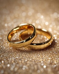 Two gold wedding rings on glittery textured surface, luxurious, romantic, and highly detailed.