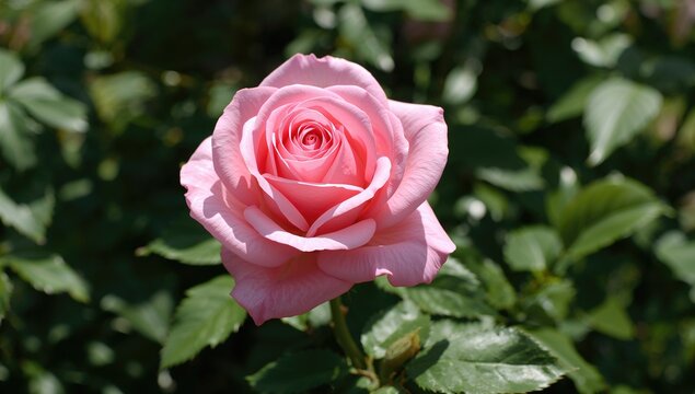 June garden showcase of the Sister Emmanuelle pink Hybrid Tea rose (Rosa)