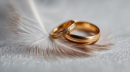 Two golden wedding rings with a delicate feather on a soft glowing background, elegant and timeless with fine detail and dreamy light.