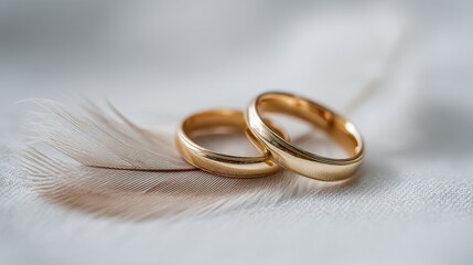 Two golden wedding rings with a delicate feather on a soft glowing background, elegant and timeless with fine detail and dreamy light.