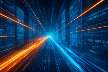 Futuristic digital data stream in motion with glowing binary code and vibrant light trails in blue and orange on dark background for science concept. Ai generative