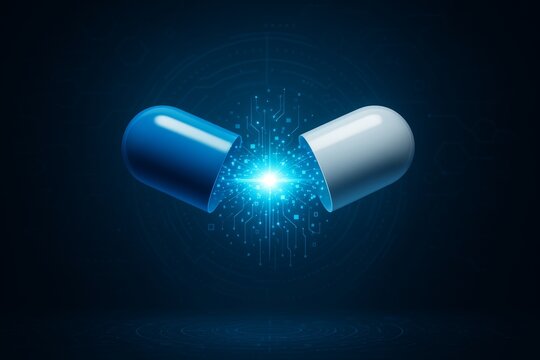 Futuristic digital capsule opening with glowing data particles and abstract tech design on dark background illustrating science and innovation concept. Ai generative