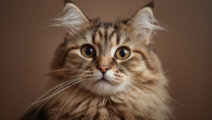 Fototapeta premium Fluffy tabby cat gazing directly at the camera, focus on the animal's features
