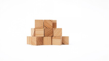Obraz premium Stack of wooden cubes on a white surface, functional background for design layouts