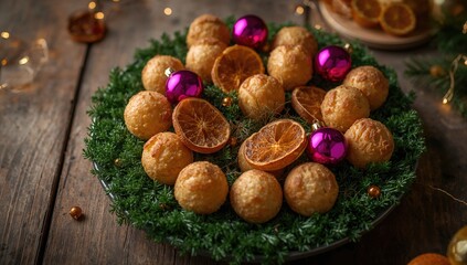 Fototapeta premium A green dish featuring festive ornaments and round, flavorful cookies accompanied by dried orange slices, seasonal celebration