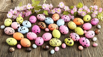 Elegant Easter flat lay with eggs and subtle blossoms captured under warm daylight