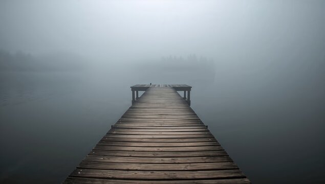 Old wooden dock surrounded by foggy waters, reflecting seasonal change