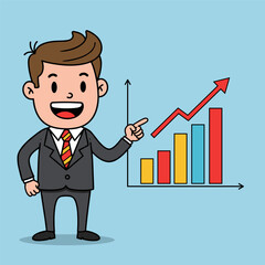 Cartoon businessman presenting a success bar chart with an upward trend arrow on a blue background.