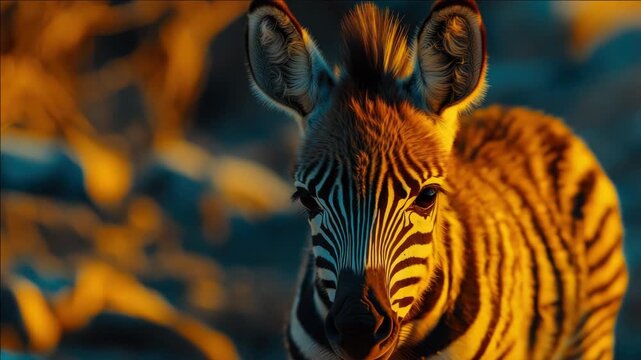 A young zebra standing alone in a desert-like environment at dusk.