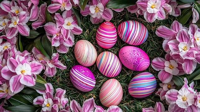 Bright Easter setup featuring vibrant eggs on soft grass surrounded by blooming spring flowers