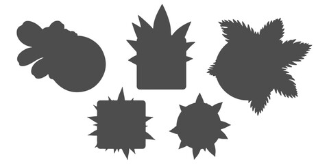 CAD Drawings. Top view of large decorative silhouette plants in pots. Vector illustration.