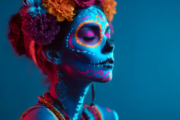 Creative image of Sugar Skull. Neon makeup for Halloween or Dia De Mertos holiday.
