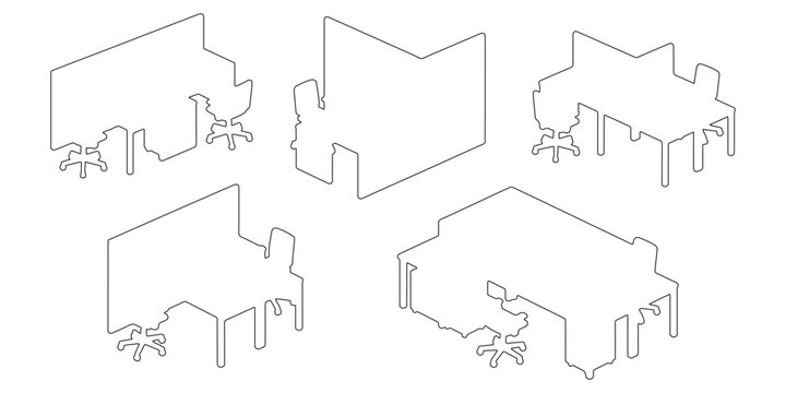 CAD Drawings. Top view of different outline office workstation sets — desk, swivel chair, laptop, partitions. Vector illustration.