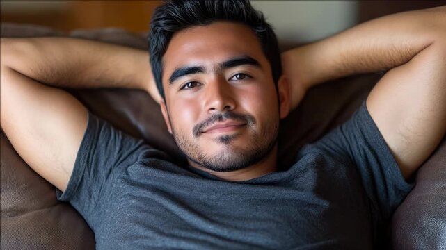 Smiling guy with short hair and beard, casually dressed in gray shirt, with arms crossed behind him on dark brown leather couch.