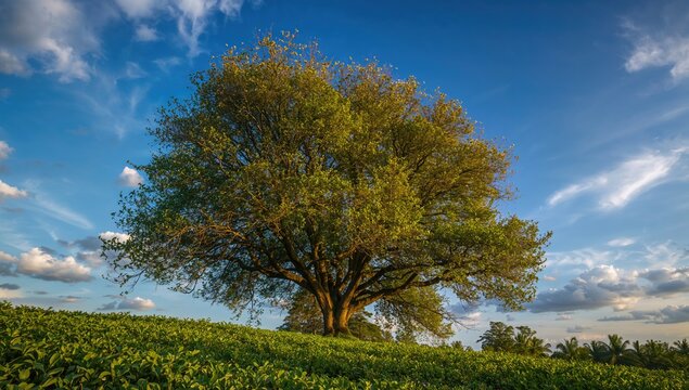 The tree stands tall against the summer sky, highlighting the lush greenery of the landscape, environmental preservation