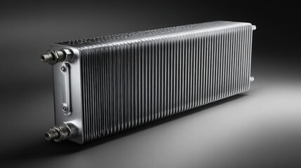 car radiator with clean aluminum fins, hyperrealistic rendering, dark neutral background, soft yet sharp specular lighting, clear separation