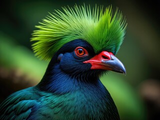 Crowned Sifaka Portrait: A Vibrant Bird with a Striking Green Crest Amidst a Lush Tropical Paradise Background