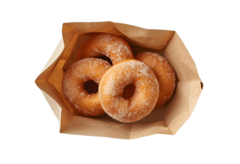 Sugared ring donuts in kraft paper bag for bakery takeaway.