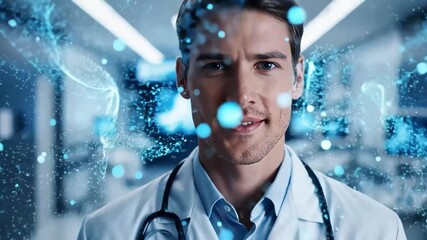 Doctor interacting with futuristic blue digital interface - Powered by Adobe