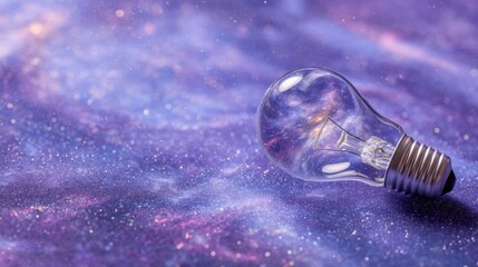 clear glass lightbulb on lavender background, inside swirling purple blue galaxy with tiny stars and nebula textures, dreamy cosmic idea concept