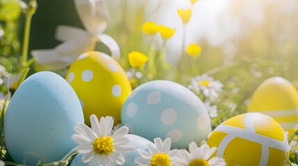 Bright outdoor spring meadow filled with flowers and scattered Easter eggs glowing in sunlight