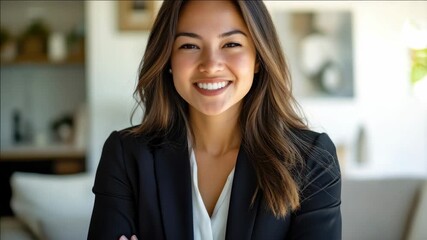 Young, smiling woman with brown hair wearing a suit and white blouse. - Powered by Adobe